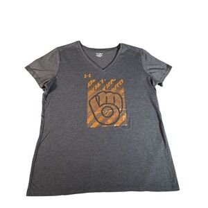 Under Armour Milwaukee Brewers Womens XL V Neck HeatGear T Shirt Blue Gold